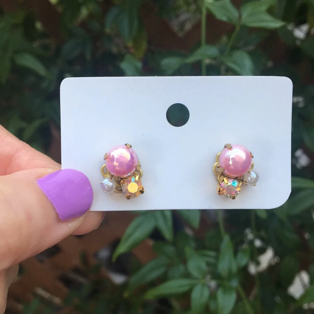 Iridescent Pink + Aurora Borealis Crystal Vintage Style Earrings